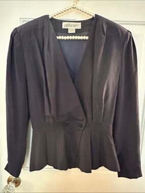 Women's Pure Silk Navy Peplum Blazer Jacket Vintage Size 4 6 8